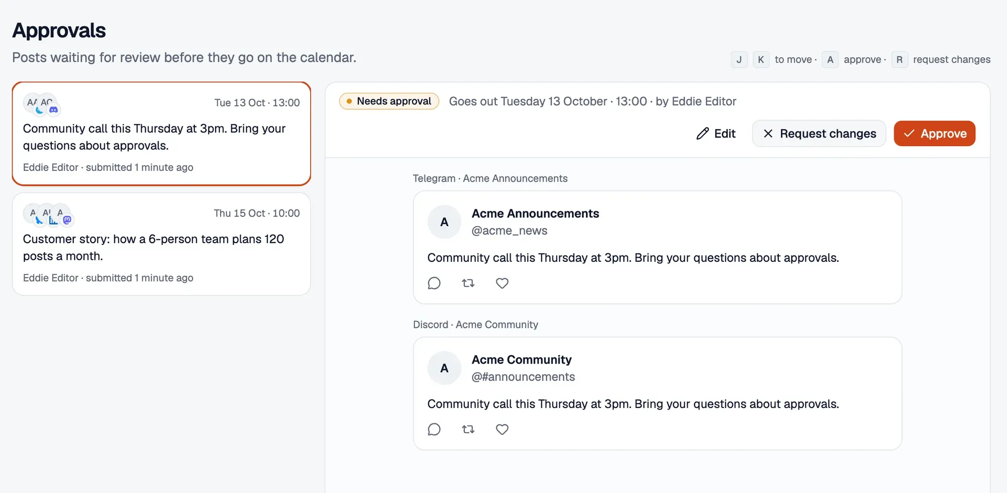 The approvals inbox with two posts waiting for review.