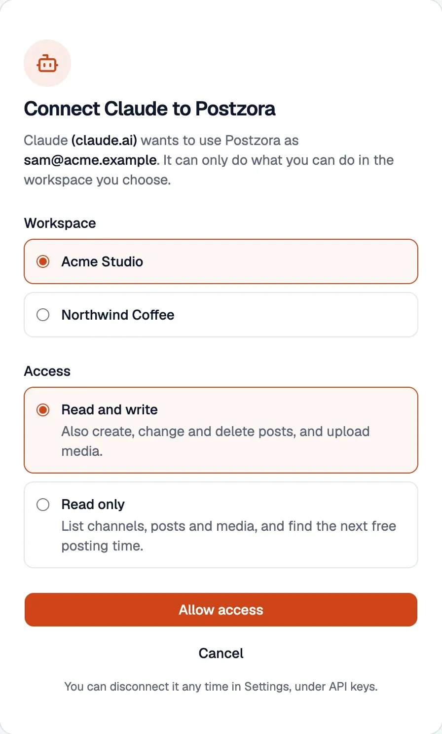 Postzora asking to connect Claude: choose the Acme Studio or Northwind Coffee workspace, and read and write or read only access.