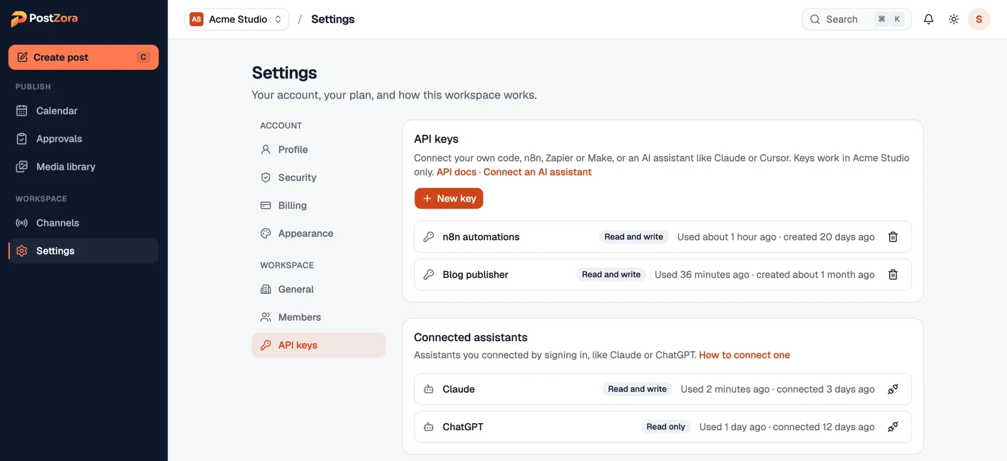 Postzora Settings, API keys: two API keys and two connected assistants, Claude with read and write access and ChatGPT with read only access, each with a disconnect button.