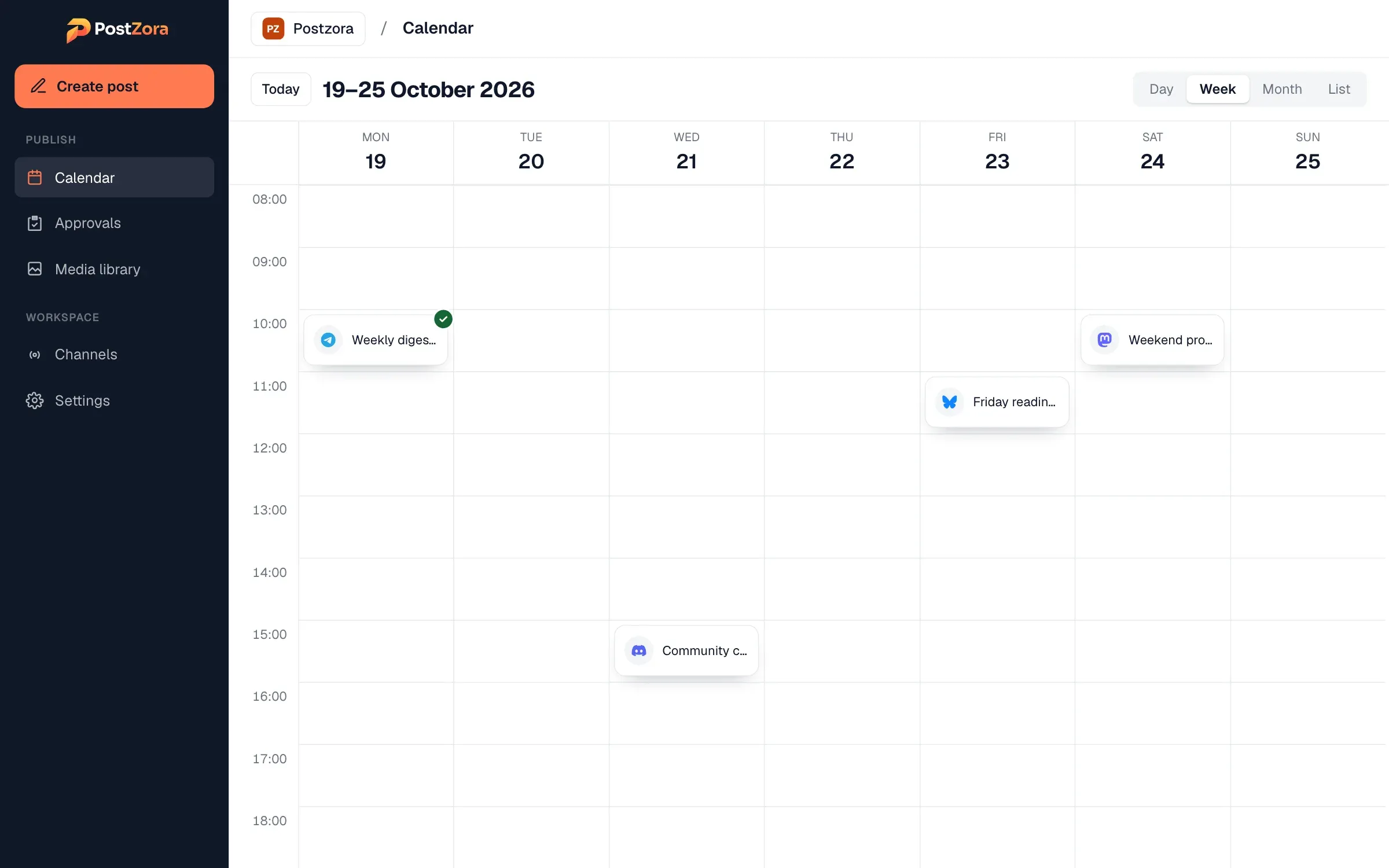 The Postzora calendar for the week of 19–25 October, with posts going to Telegram, Discord, Bluesky and Mastodon.