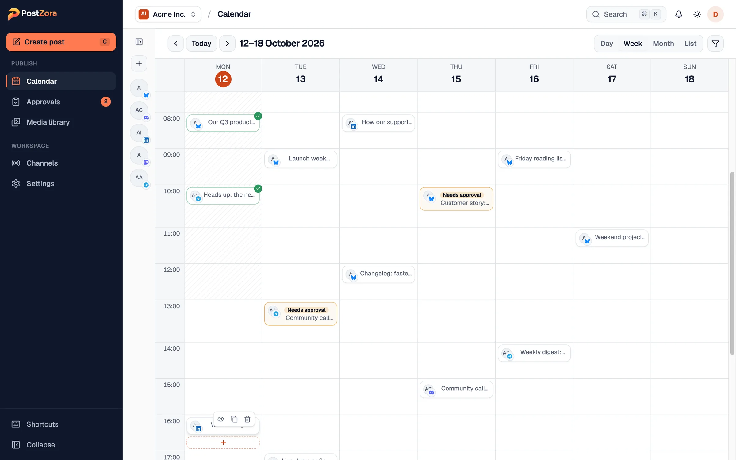 Week view of the Postzora calendar with posts across five channels.
